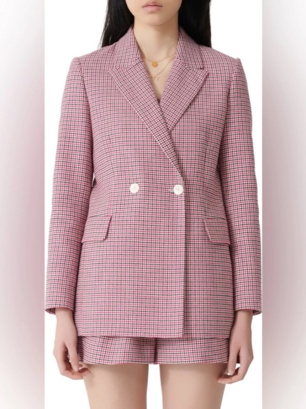 Maje Vic Double Breasted Houndstooth Blazer Pink Black Size 36